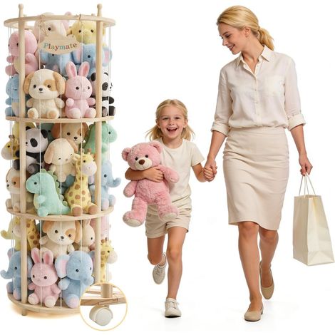 Range Peluche en Bois avec Roues Frein 360° et Élastiques, Organisateur Gain de Place, Rangement Peluche Chambre Enfant pour Chambre d'enfant et Salle de Jeux (1/5)