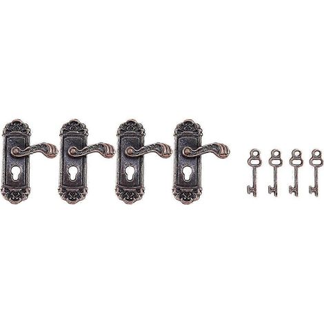 Lot de 4 serrures de porte pour maison de poupée à l'échelle 1:12, en alliage, style rétro. Accessoires pour meubles de maison de poupée, poignée droite, clé, accessoires de scène (Japon). (1/5)