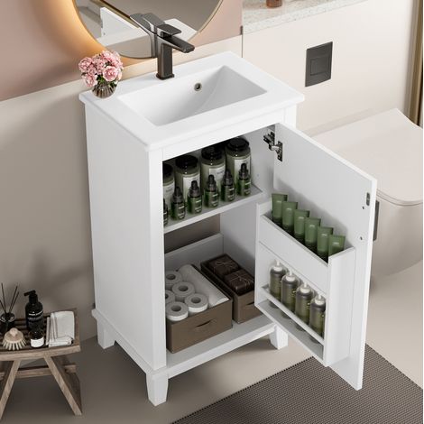 Mueble lavabo 51x34x83 cm MDF y cerámica blanco, almacenamiento para espacios pequeños – MEUBLIV (1/5)