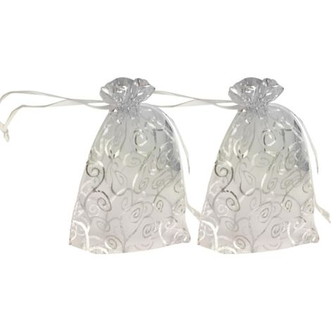 50 Sacs en Organza Blanc avec Mousqueton en Rotin Argenté (1/4)