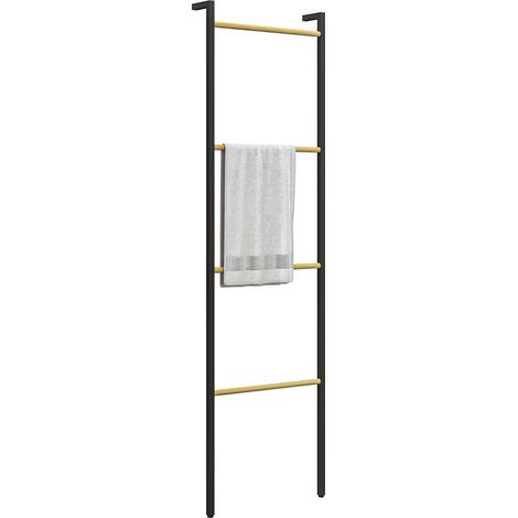 Porte-serviettes à poser contre un mur avec 4 barres en bambou et structure en acier, 49 x 5,5 x 167,5 cm, noir et naturel (1/5)