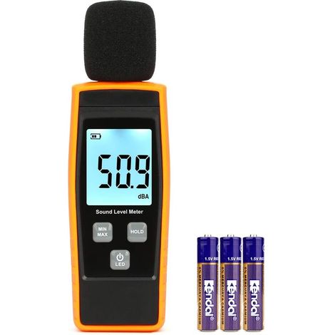 Medidor de decibelios - Sonómetro portátil - Sonómetro digital - Rango de 30 a 130 dB(A) - Medidor de dB, nivel de ruido, comprobador de monitorización de decibelios - Amarillo (batería incluida) (1/5)