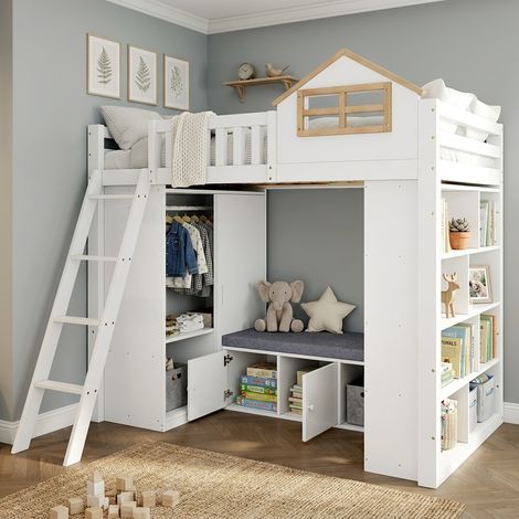Lit mezzanine enfant 90 x 200 cm avec design maison, penderie, rangement ouvert et banquette coffre, bois, Blanc et Naturel (1/5)
