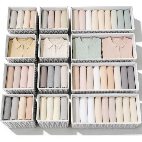 Lot de 12 Organisateur de Tiroir Pliable Non-tissé pour sous-vètements, Soutien-Gorges, Cravates, Chaussettes Boîte de Rangement à Compartiment Gain de Place (12 Pièces,Gris) (1/5)
