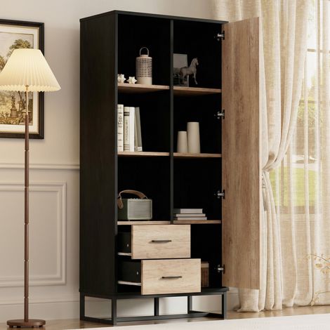Credenza alta 80x40x180 cm nero e effetto legno in MDF con 1 anta, 2 cassetti e 3 vani aperti (1/5)
