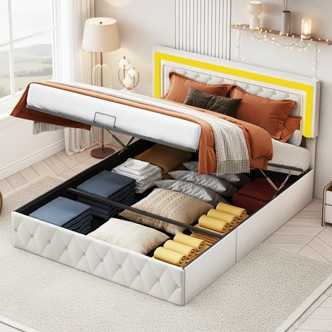 Stauraumbett 160x200 cm, Doppelbett mit Stauraum, mit LED-beleuchtetem Kopfteil mit Diamantverzierung, Lattenrost, Design, Beige