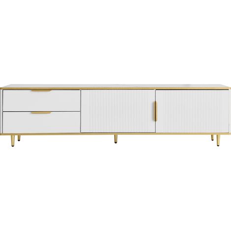 Meuble TV Bas Avec Texture Sculptée, Poignées Et Pieds Dorés, Meuble De Salon Avec Effet Marbre (1/5)