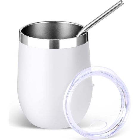 Lot de 1 gobelet à vin en acier inoxydable de 350 ml avec couvercle et paille, verres à vin sans pied isothermes à double paroi, gobelet de voyage pour boissons fraîches, petits gobelets (1/5)