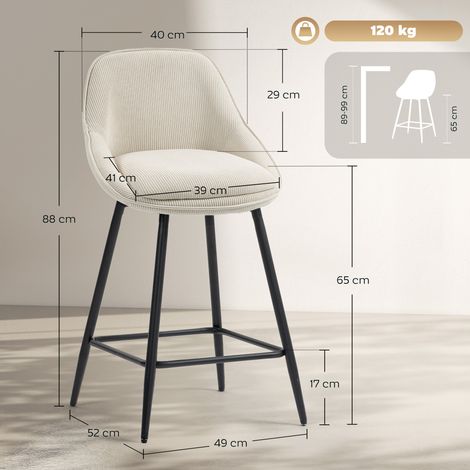Ensemble de 2 tabourets de bar avec revêtement en velours côtelé et pieds en acier, chaises rembourrées pour îlot de cuisine, salle à manger, couleur crème (1/5)