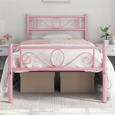 Yaheetech – Lit adulte en métal rose 90 x 200 cm – Structure robuste avec lattes – Capacité 136 kg – Pour petits espaces – Garde au sol 32,5 cm (1/5)