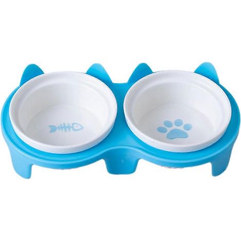 Gamelles en céramique pour chat, double gamelle pour nourriture et eau, gamelles surélevées en céramique avec support en plastique - Bleu (1/5)