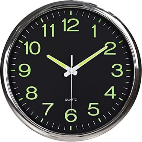 LuminoGlow Runde Wanduhr, großes Modell 30 cm (12 Zoll), phosphoreszierend, geräuschlos, Dekoration für Zuhause – Silber