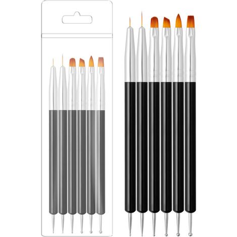 Pinceau Nail Art - Double Face 12 Fonctions - Embout Boule Et Pointe Fine - Pour Gel UV Et Peinture - 6 Pièces - Noir