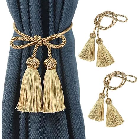 Une paire d'attaches de rideaux en corde avec pompons, attaches de rideaux créatives et simples, pas besoin de percer ou d'installer des boucles de rideaux, jaune (1/5)