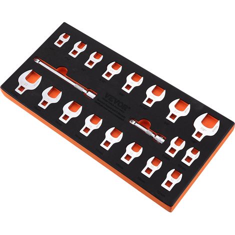 VEVOR Set chiavi a zampa di gallina, attacco 3/8", Set chiavi a zampa di gallina 20 pezzi 2 barre di prolunga e organizer per attrezzi in EVA, SAE 3/8"-7/8" e metrico 10-22 mm, materiale 40CR