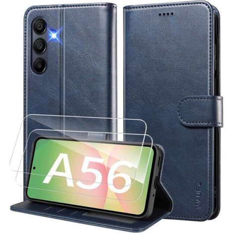 Coque Pour Samsung Galaxy A56 5G - Étui Portefeuille Avec Rabat Magnétique - Support Réglable - Verre Trempé Inclus - Bleu (1/5)