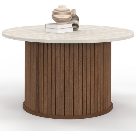 Table basse ronde JULIETTE 70 cm lattes effet noyer et plateau travertin