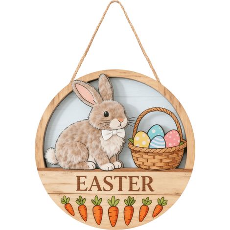 Plaque En Bois De Pâques - Lapin Et Œuf - Rond - Double Face - Pour Porte Intérieure Ou Extérieure - Décoration Festive Printanière - 1 Pièce (1/3)
