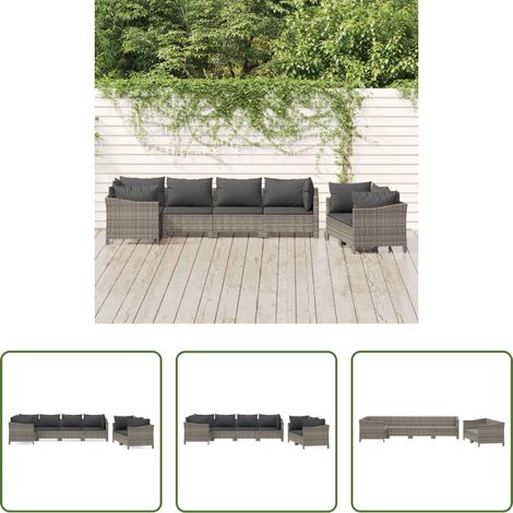 vidaXL Canapé en rotin poly - Salon de jardin 7 pcs avec coussins Gris Résine tressée (1/5)