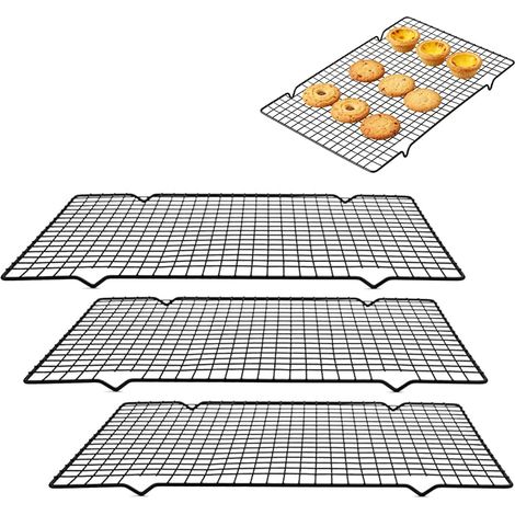 3er-Pack rechteckige Kuchengitter aus Kohlenstoffstahl, 40 x 25 x 2 cm, Kühlgitter mit Antihaftbeschichtung, spülmaschinenfest, Brotbackgitter zum Backen, Kühlen, Braten und Grillen, Schwarz (1/5)