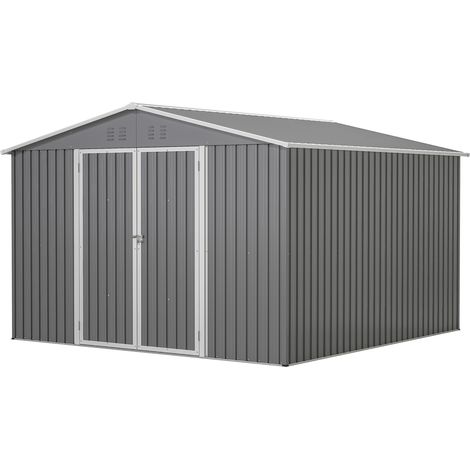 Abri de rangement métallique 10'x10' avec cadre de plancher, abri de jardin en acier robuste, portes verrouillables et résistant aux intempéries pour cour arrière, patio et pelouse – gris (1/5)