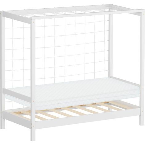 ML-Design Letto per Bambini 70x140 cm a Forma di Porta da Calcio e Pallamano con Materasso, Letto Singolo in Legno di Pino Bianco, Rete a Doghe e Rete da Gioco, Letto Sportivo per Cameretta Ragazzi