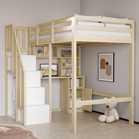 Lit Mezzanine 90x200 cm avec bureau, étagères et rangements, Lit Enfant en Bois 1 Place avec échelle sécurité, Lit en Hauteur avec Balustrade, bois (1/5)
