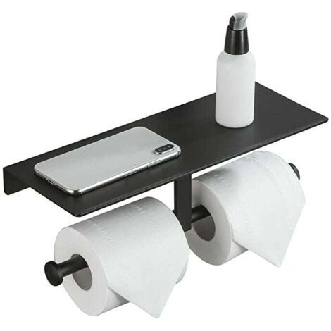 Toilettenpapierhalter ohne Bohren mit Handyablage, Wandhalterung, doppelter Toilettenpapierhalter für Badezimmer (schwarz)