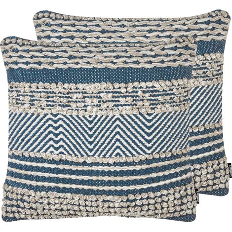 Conjunto de 2 cojines de algodón beige azul patrón geométrico 45 x 45 cm hecho a mano con relleno boho Dewberry
