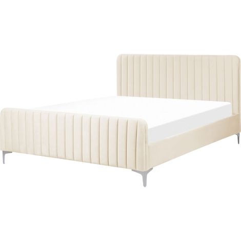 Letto matrimoniale in velluto EU con testiera imbottita 160 x 200 cm Gambe in metallo Base a doghe Beige Lunan