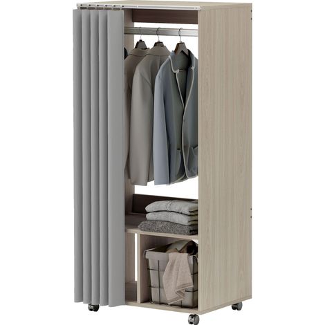 Armoire penderie armoire de rangement mobile avec rideau, tringle de suspension, 60 x 40 x 128 cm, effet bois naturel (1/5)