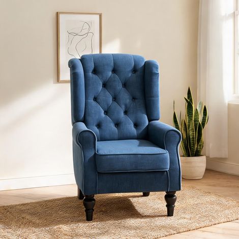 Fauteuil à oreilles bleu en tissu avec dossier haut et piètement (1/5)