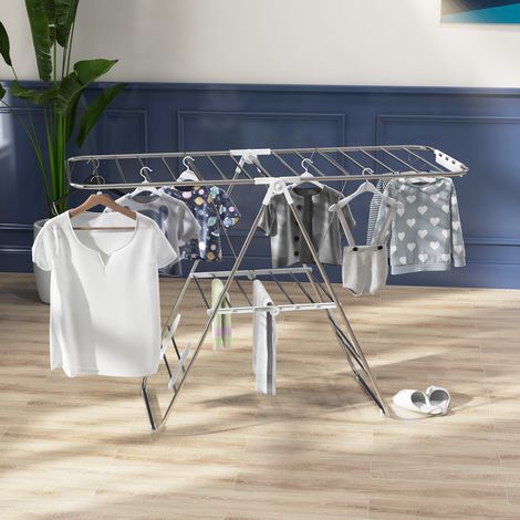 Etendoir a linge pliable en acier inoxydable argent, 60,5 x 148 x 98 cm, ailes reglables et structure compacte (1/5)