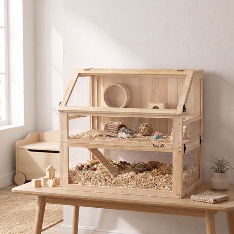 Cage hamster rongeur 3 niveaux fond amovible 31 cm cabane balançoire 80x50x76 bois naturel (1/5)