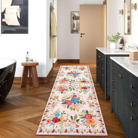 Washable Non-Slip Rug, Vintage Floral Pattern, Soft Short Pile, For Hallway, Living Room, Kitchen (1/5)