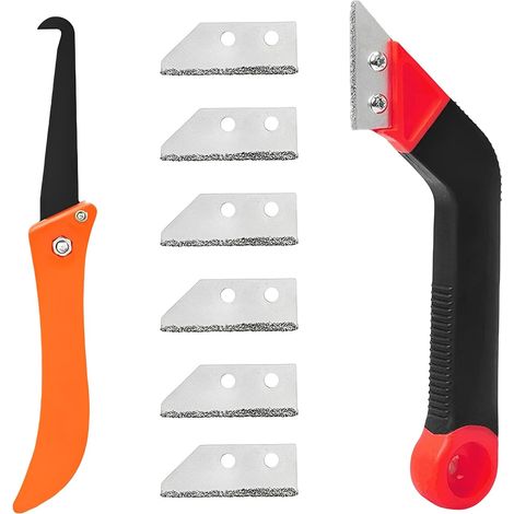 Grattoir Joint Carrelage, Lot de 9 Pièces avec 6 Lames de Rechange et Scie Coudée, Outil de Nettoyage et Gratte Joint pour Rénovation de Carrelage Sol et Mur, Rouge (1/5)