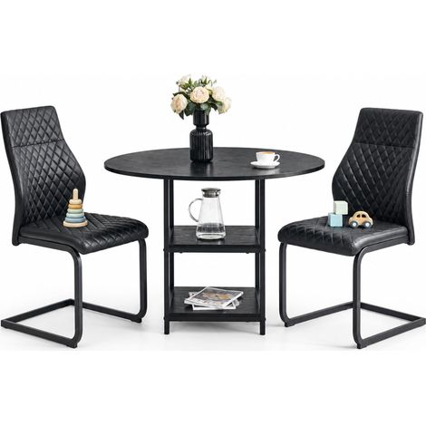 ELVMI Set Tavolo e Sedie con 1 Tavolo Rotondo e 2 Sedie, MDF, Metallo e Similpelle, Nero (1/5)