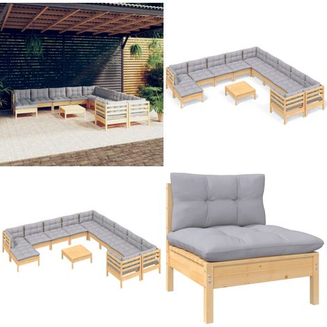 12-tlg. Garten-Lounge-Set mit Grauen Kissen Kiefernholz - Garten-Lounge-Set - Garten-Lounge-Sets - Home & Living (1/5)