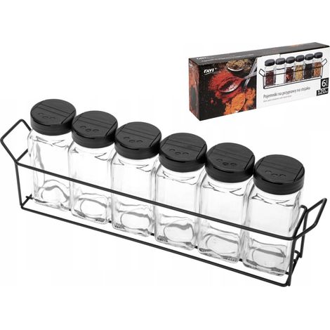 Présentoir à épices en verre Ravi Decor, 6 pots de 120 ml, noir, style loft. (1/3)