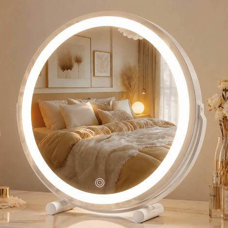 Miroir de courtoisie avec lumières LED 50 x 50 cm, Miroir de Maquillage Lumineux avec réglage de la luminosité, 3 Couleurs à intensité Variable, Tactile Intelligent et Rotation à 360°, Rond (1/5)