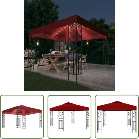 The Living Store Tonnelle avec guirlande lumineuse à LED 3x3 m Bordeaux - Tonnelle - Abri Extérieur - Pergola - Gazébo - Éclairage Solaire (1/5)
