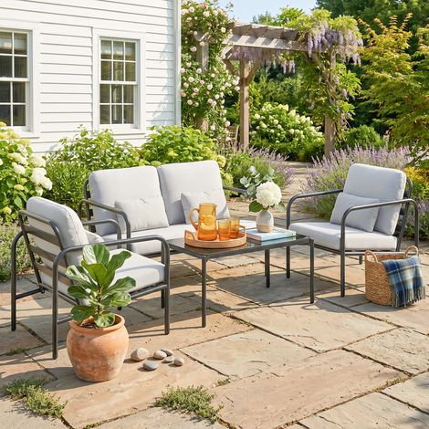 Salon de Jardin 4 Pièces en Acier avec Canapé 2 Places, 2 Fauteuils et Table Basse, Gris Clair (1/5)