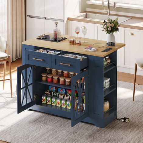 Îlot de cuisine 120 cm avec table rabattable, prises AC et USB, rangements ouverts, bleu HAVRYA (1/5)