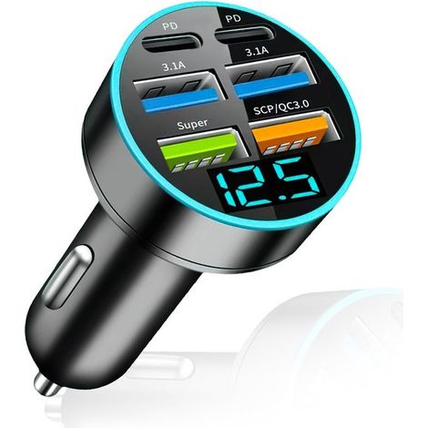 Cargador de coche USB dual de 66 W/3,1 A，enchufe para encendedor de cigarrillos USB，compatible con Type-C (1/5)