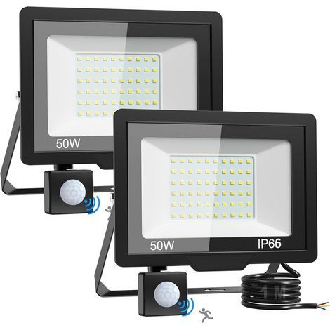 Lot de 2 lampes de sécurité extérieures avec détecteur de mouvement – LED ultra-lumineuses 50 W – Alimentation secteur – Projecteurs étanches IP66 pour jardin, garage, arrière-cour, terrasse et cour (1/4)