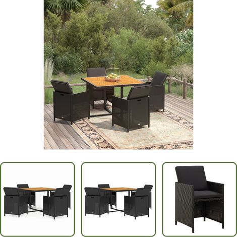 Chaises de jardin - Ensemble à dîner de jardin avec coussins 5 pcs poly rotin noir (1/5)