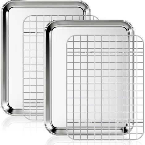 Plaque à pâtisserie avec grille de refroidissement, 2 plaques inox + 2 grilles pour four, plaque rectangulaire 26,5 x 20,5 x 2,5 cm pour cuisiner et servir (1/5)