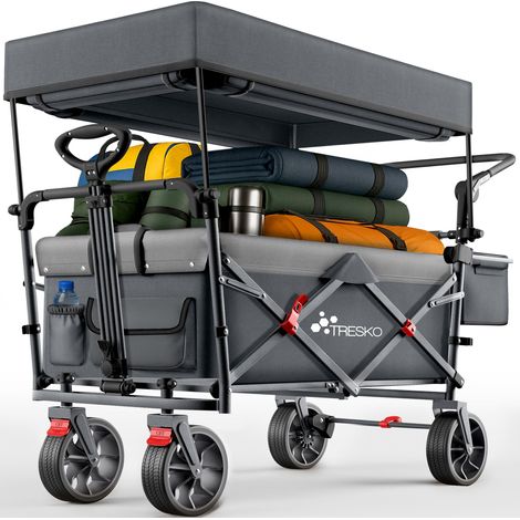 TRESKO® Bollerwagen Faltbar mit Dach Anthrazit, Kühlfach & Seitenrollos  Handwagen max. belastbar bis 150kg  Transportwagen mit Vollgummireifen & Feststellbremsen (Vorne & Hinten) und 3-Punkt-Gurt