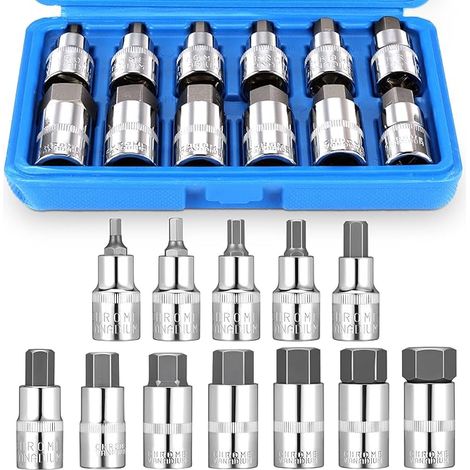 Jeu de Clé à Douille Hexagonale, Jeu de Douilles à Six Pans Creux 1/2" 5-22mm Douille Allen 5, 6, 7, 8, 10, 12, 14, 16, 17, 18, 19, 22 mm Jeu de Embouts Douilles Hexagonales 1/2'' (1/5)