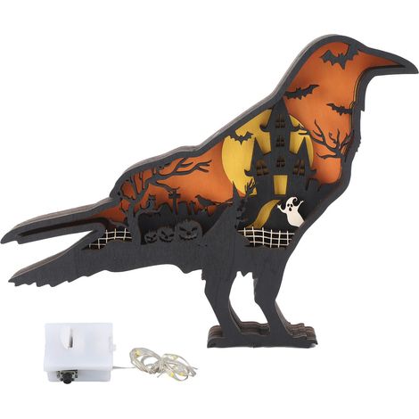 Corbeau sculpté en bois 3D lumineux, artisanat animalier décoratif lumineux pour Halloween (1/5)